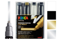 Pochette de 4 marqueurs POSCA pointes larges (4 à 8,5 mm) : or, argent, noir, blanc - Marqueurs POSCA - 10doigts.fr