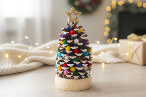 Sapin pomme de pin et pompons