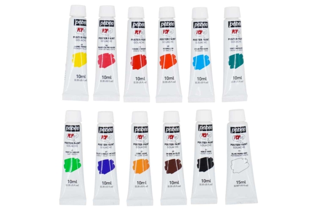 12 tubes peinture gouache fine pébéo - Peinture gouache liquide : des couleurs vives qui s'enlèvent à l'eau - 10doigts.fr
