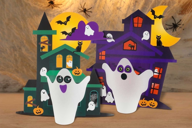 3 manoirs avec petits fantomes - Kits créatifs Halloween - 10doigts.fr