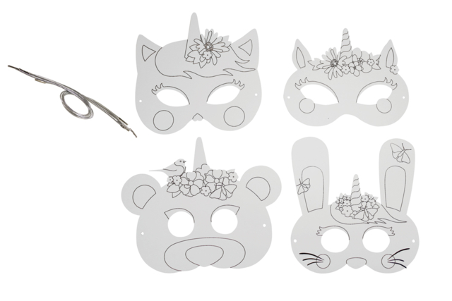 4 masques licorne à colorier fils élastiques - Masques créatifs enfants - 10doigts.fr