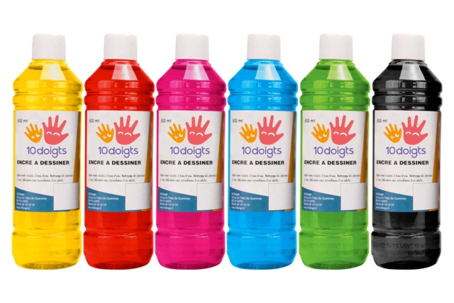  6 flacons de 500 ml - couleurs principales - Encres liquides : la pureté de la couleur pour vos dessins - 10doigts.fr