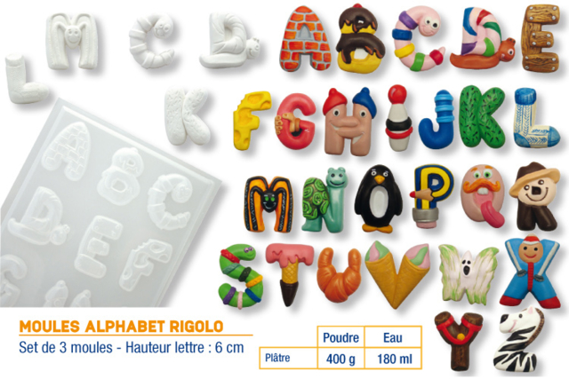 Set de 3 moules "ALPHABET Rigolo" - Moules pour plâtre, savon, béton ... - 10doigts.fr