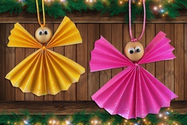 Anges de Noël en papier - Perles en bois - 10doigts.fr