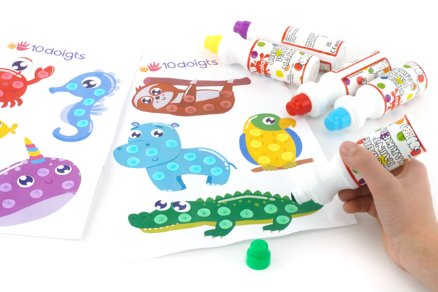 Animaux à tamponner - jeu des couleurs - Encres liquides : la pureté de la couleur pour vos dessins - 10doigts.fr