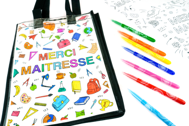 Cadeau Maitresse : Sac personnalisé avec un coloriage - Ramettes de papiers - 10doigts.fr