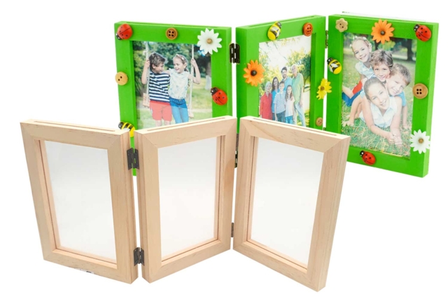 Cadre triptyque double face en bois 33,5 x 15 x 1,5 cm - Cadres photo en bois à décorer - 10doigts.fr