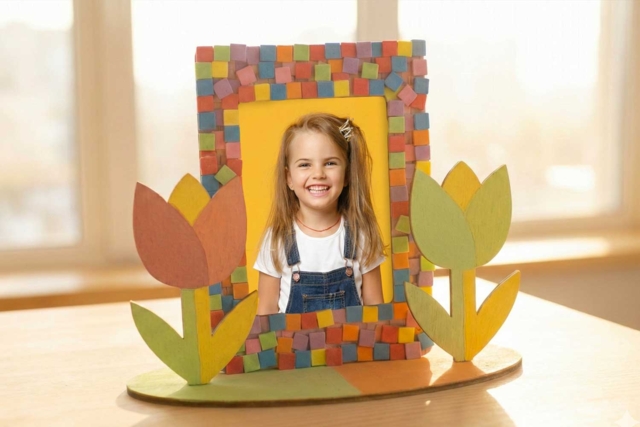 Cadre tulipes avec mosaïques en mousse - Cadres photo en bois à décorer - 10doigts.fr