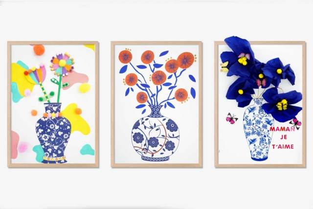 cadre vase chinois porcelaine bleue - Formes en carte forte - 10doigts.fr