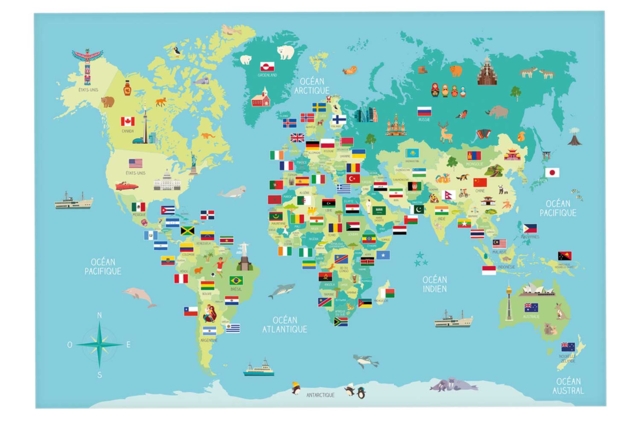 Carte du monde et stickers drapeaux, dimension carte 66 x 44 cm - Kits éducatifs : le plaisir d'apprendre par la manipulation - 10doigts.fr