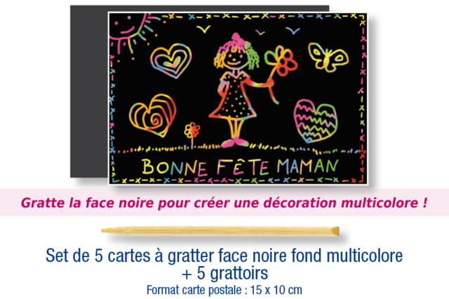 Cartes à gratter face noire fond multicolore + 5 grattoirs - Cartes à gratter et à poinçonner : révélez votre créativité en relief - 10doigts.fr