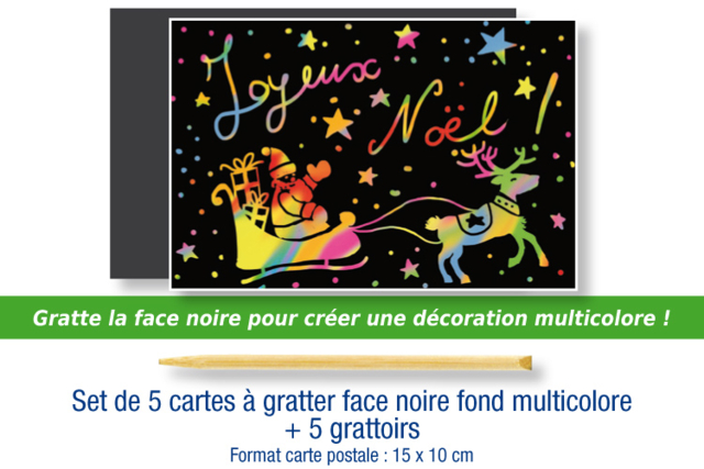 Cartes à gratter face noire fond multicolore + grattoirs  - 5 pcs - Cartes à gratter et à poinçonner : révélez votre créativité en relief - 10doigts.fr