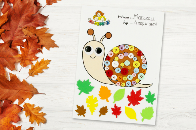 Coloriage et collage escargot - Boutons fantaisie et décoratifs pour tous vos DIY - 10doigts.fr
