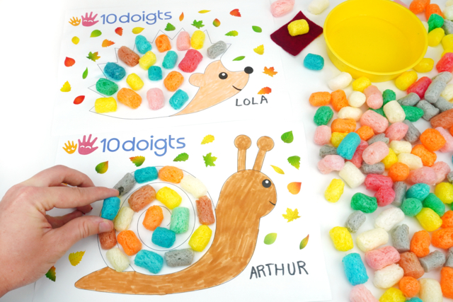 Coloriages d'automne avec des flocons de maïs - Gommettes saisons : des autocollants pour toute l’année - 10doigts.fr