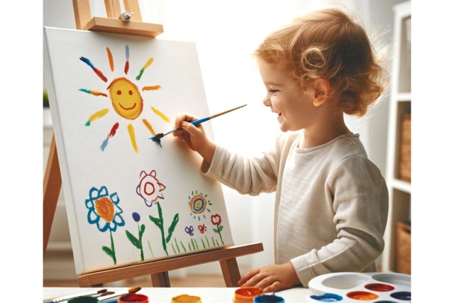 enfant qui peint sur chassis - Peinture acrylique satinée, brillante - 10doigts.fr