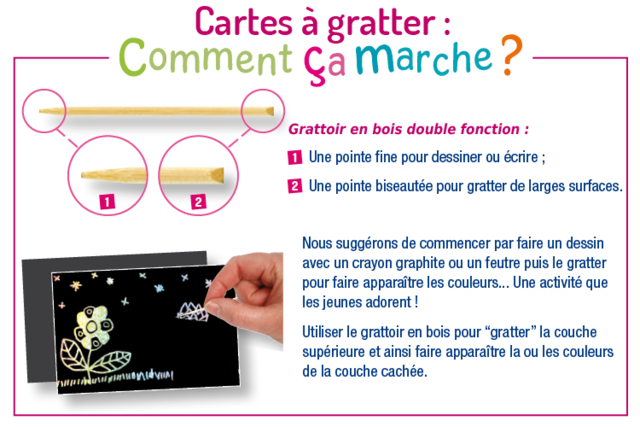 et de 5 cartes à gratter face noire fond arc en ciel holographique + 5 grattoirs  - Cartes à gratter et à poinçonner : révélez votre créativité en relief - 10doigts.fr