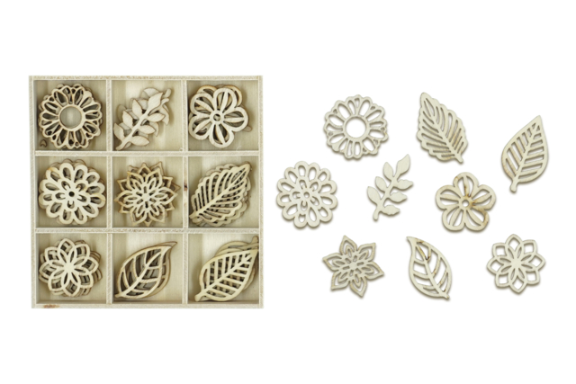 feuille fleurs en bois décoration scrapbooking - Décorations en bois brut : tranches et bois naturel déco - 10doigts.fr