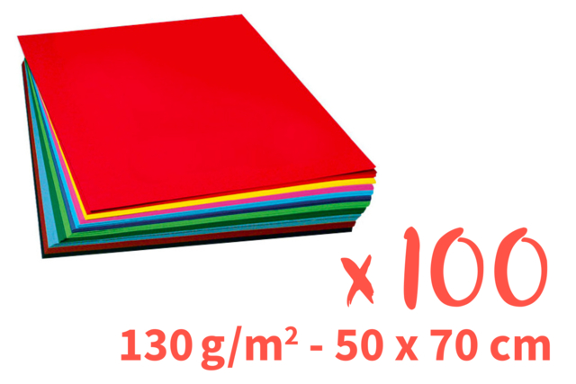 Feuilles teintées 130gr - dim : 50 x 70 cm, 100 feuilles (10 couleurs  assorties) - Papiers colorés - 10doigts.fr