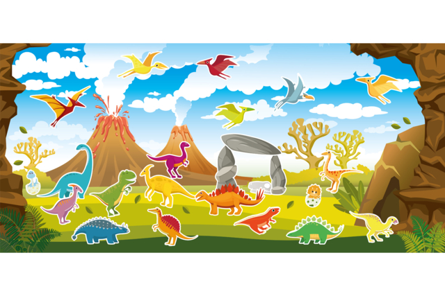 Fresque préhistoire + autocollants dinosaures - Gommettes Histoires et décors - 10doigts.fr