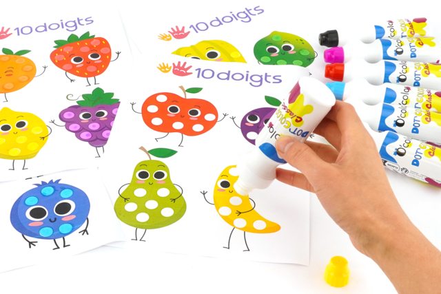 Fruits à tamponner - jeu des couleurs - Encres liquides : la pureté de la couleur pour vos dessins - 10doigts.fr