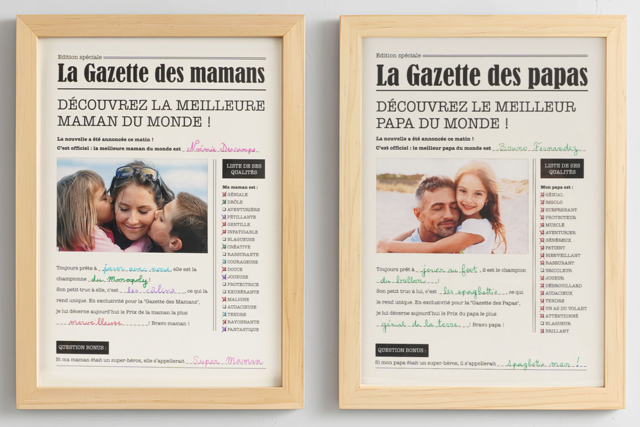 Gazettes Maman & Papa + 2 cadres - Cadres et clips photos : des supports uniques pour afficher vos souvenirs - 10doigts.fr