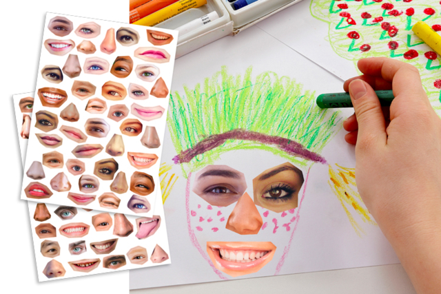 Gommettes visages réalistes et rigolos - Gommettes yeux, visages et smileys pour des créations pleines d’expression - 10doigts.fr