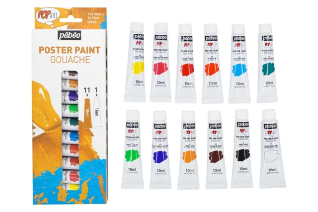 Gouache fine Pébéo - 12 pièces - Peinture gouache liquide : des couleurs vives qui s'enlèvent à l'eau - 10doigts.fr