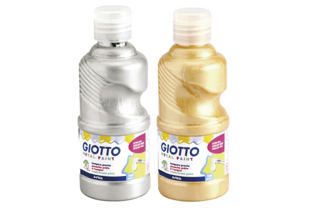 Gouache Giotto métallisée, 250 ml - or et argent - Peinture gouache liquide : des couleurs vives qui s'enlèvent à l'eau - 10doigts.fr