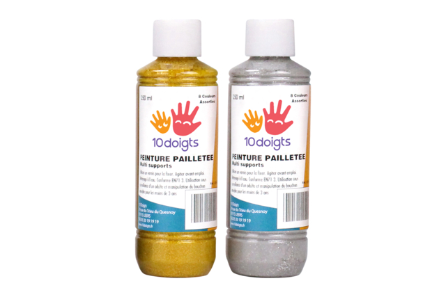 Gouaches pailletées or et argent - 2 flacons de 250 ml - Peinture gouache à effets : de la magie et du relief pour vos créations - 10doigts.fr