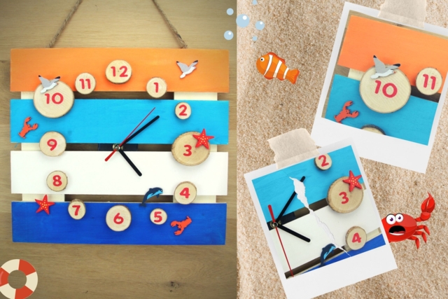 Horloge " Bord de mer " - Colles scolaires : bâton, blanche, gel et colle forte - 10doigts.fr