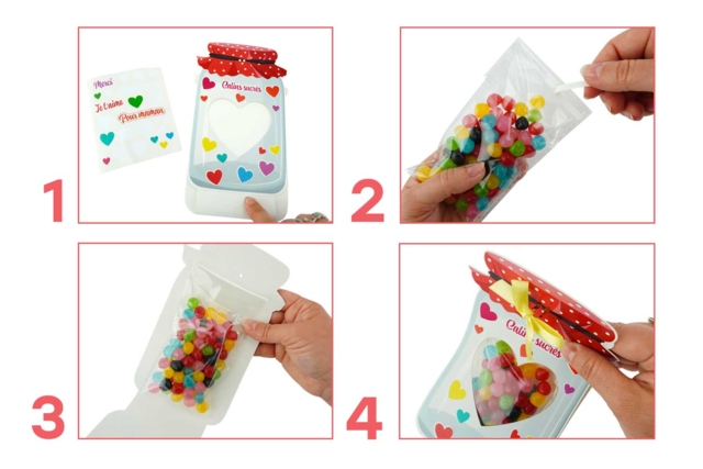Kit cartes "Bocal à bonbons" - tuto - Cartes de Fête des Mères : modèles et kits créatifs à fabriquer - 10doigts.fr