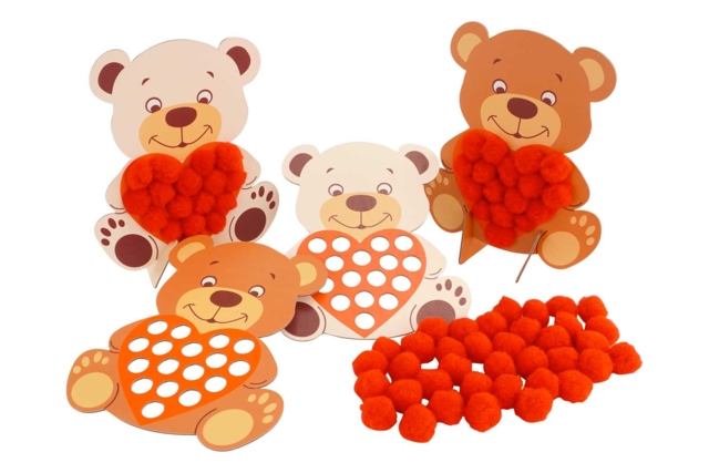 Kit de 4 oursons coeurs à pomponner - Kits créatifs Fête des Mères : des coffrets tout-en-un pour fabriquer vos cadeaux pour maman - 10doigts.fr