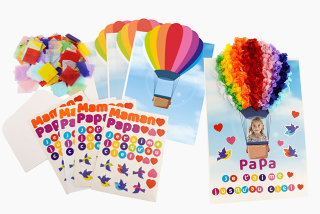 Kit de 4 tableaux montgolfière en carte avec papier de soie à froisser - Cartes de Fête des Mères : modèles et kits créatifs à fabriquer - 10doigts.fr