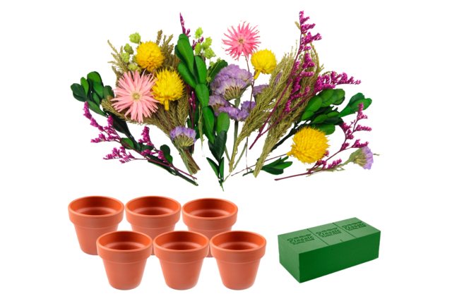 Kit de 6 pots de fleurs séchées (ref 04041 + ref 46120 + ref 37003) - Kits fête des parents - 10doigts.fr