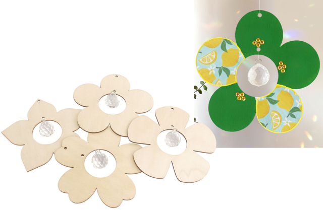 Kit fleurs attrape-soleil en bois - 4 pièces - Suspensions et déco murale en bois à décorer - 10doigts.fr