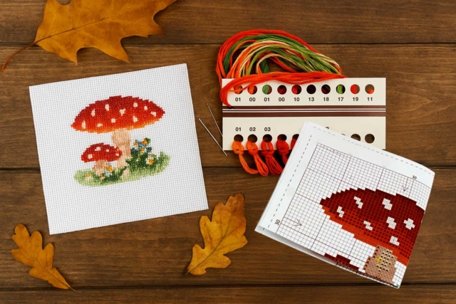 Kit mini points de croix comptés : Champignons - Kits Mercerie - 10doigts.fr