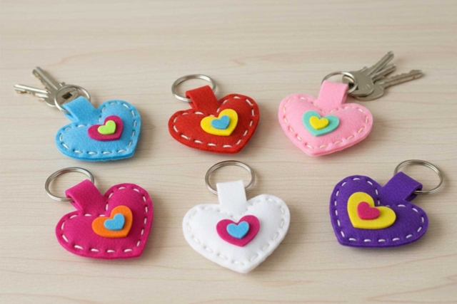 Kit porte-clés cœurs feutrine - 6 pièces - Kits Mercerie - 10doigts.fr