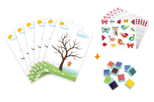 Kit tableaux arbres empreintes + encreurs - 6 tableaux - Kits éducatifs : le plaisir d'apprendre par la manipulation - 10doigts.fr