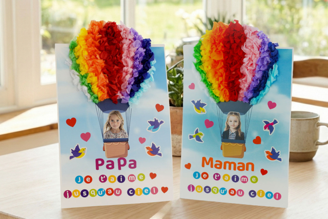 Kit tableaux montgolfière parents - 4 pièces - Cartes de Fête des Mères : modèles et kits créatifs à fabriquer - 10doigts.fr