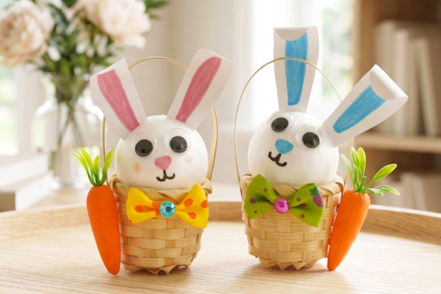 Lapin de Pâques dans un panier - Paniers en bois à décorer - 10doigts.fr