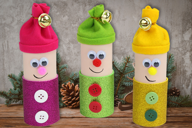 Lutin du Père Noël avec un rouleau en carton - Pompons pour bricolage créatif - 10doigts.fr