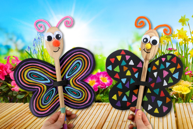 Marionnette papillon avec une cuillère en bois - Adhésifs colorés et Masking tape - 10doigts.fr