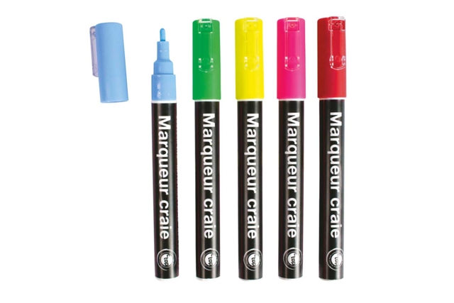 Marqueurs craie haute pigmentation - 5 couleurs - Feutre marqueur craie liquide - 10doigts.fr