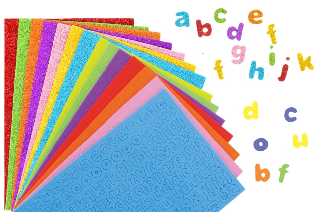 MAXI LOT  : 14 planches pailletées + 14 planches classiques - Gommettes Alphabet, messages - 10doigts.fr