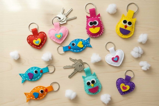 Maxi lot de 18 porte-clés en feutrine (6 coeurs + 6 hiboux + 6 poissons) - Kits en feutrine - 10doigts.fr