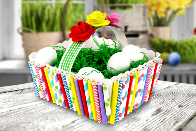 Panier de Pâques à décorer avec des pailles en carton - Adhésifs colorés et Masking tape - 10doigts.fr