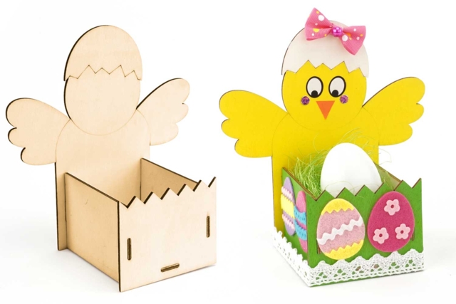 Panier poussin de Pâques en bois gravé à monter - Paniers de Pâques - 10doigts.fr