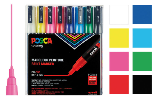 PC3M Posca 8 feutres - Feutres pointes fines : la précision pour le dessin et l'écriture - 10doigts.fr