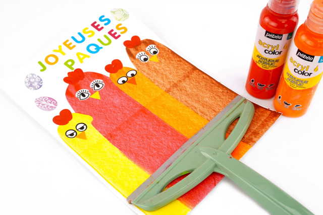 Peinture à la raclette : poules de Pâques - Spatules et couteaux - 10doigts.fr