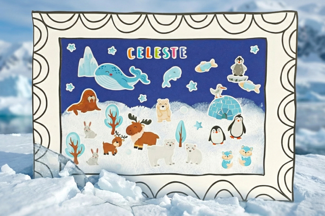 Peinture au ballon et gommettes : la banquise - Des gommettes animaux pour créer et apprendre dès la maternelle - 10doigts.fr